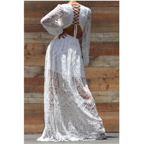 Bohemian White Embroidered Lace Cut Out Lace Up Back Boho Maxi Dress - Picture 3 of 8